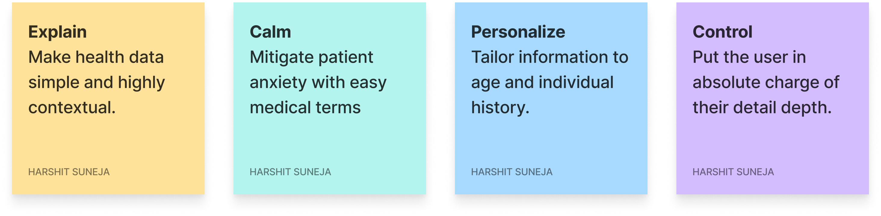 Design goals: Explain — make health data simple and contextual; Calm — neutral clinical framing; Personalize — tailored to age and history; Control — user owns their detail depth.